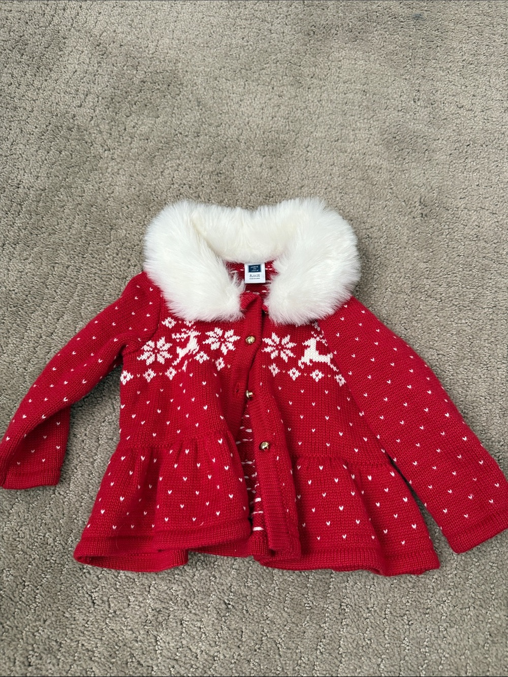 Janie and Jack Red Knit Cardigan with White Faux Fur Trim 6-12mo